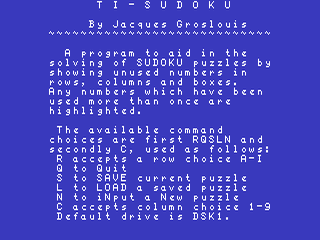 TI Sudoku opening screen